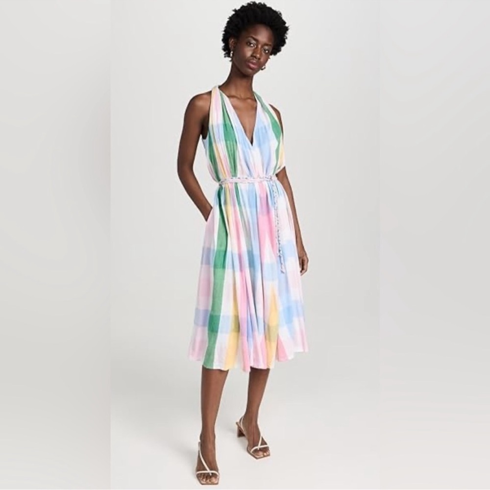 NWOT Mille Marilyn Plaid Pastel Midi Cotton Dress Pockets Resort Belt Sz S